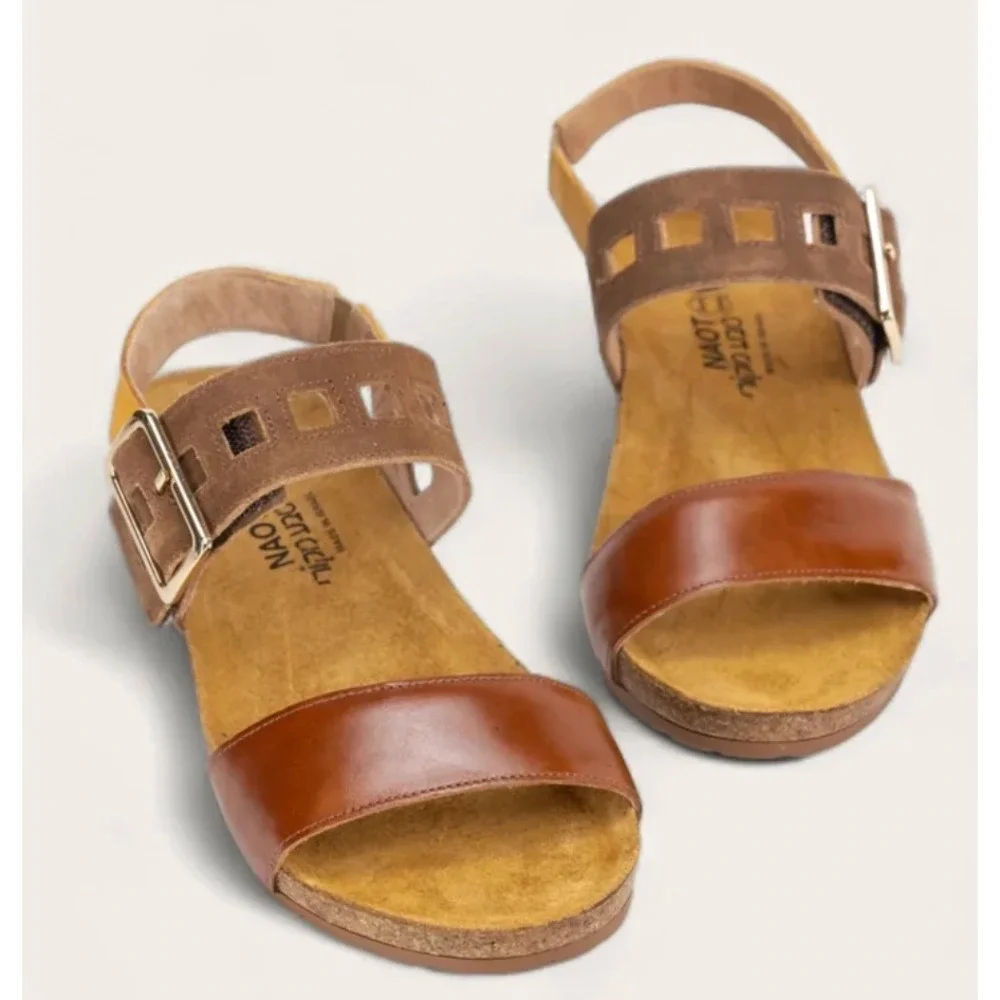 Naot Dynasty Wedge Sandal Brown Leather Gold EU 41 US 10 Comfort Minimalist $170